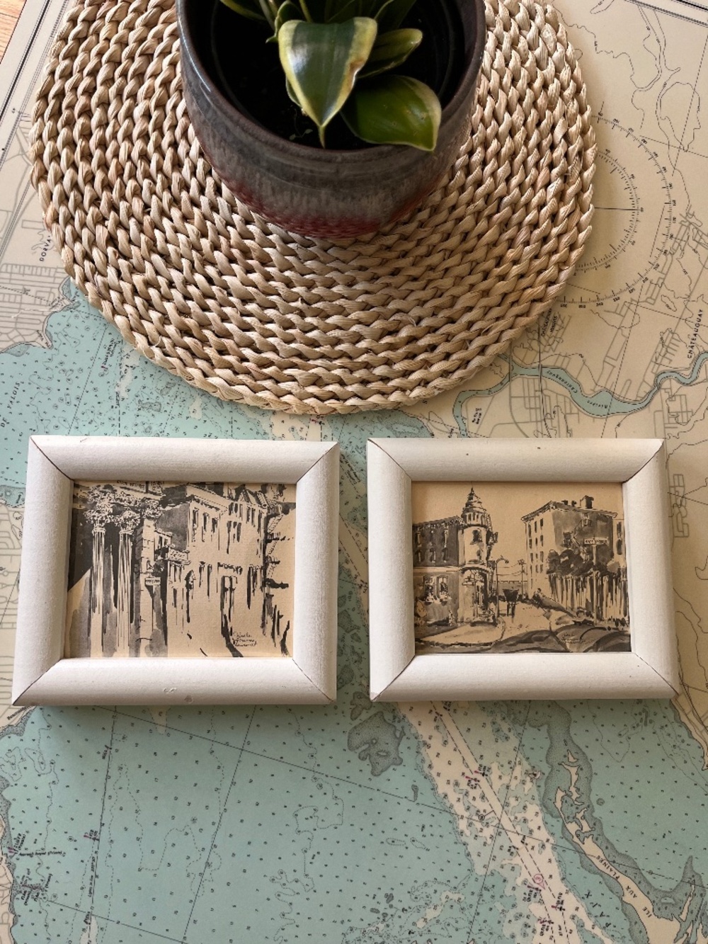 Vintage White Framed Architectural Pen and Ink Artworks